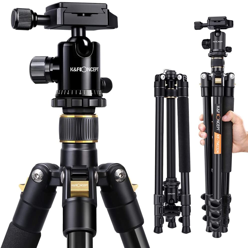 The Best Travel Photography Gear: What's In My Camera Bag | K&F Concept 62'' DSLR Tripod, Lightweight and Compact Aluminum Camera Tripod with 360 Panorama Ball Head Quick Release Plate for Travel and Work (TM2324 Black)