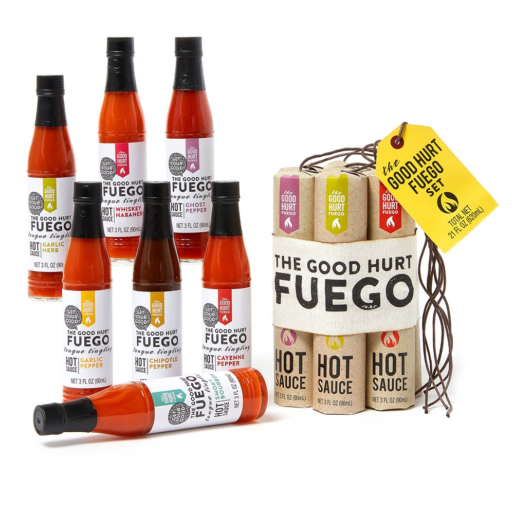 Thoughtfully Gifts, The Good Hurt Fuego: A Hot Sauce Gift Set for Hot Sauce Lover’s, Sampler Pack of 7 Different Hot Sauces Inspired by Exotic Flavors and Peppers from Around the World | Stocking Stuffer For Foodies | Amazon Stocking Stuffers | Stocking stuffers For Adults | stocking stuffers for men | mens stocking stuffers | Stocking stuffers for her | Stocking stuffers for guys | Cheap stocking stuffers | Best stocking stuffers | Stocking stuffers for wife | stocking stuffer gifts | Best stocking stuffers