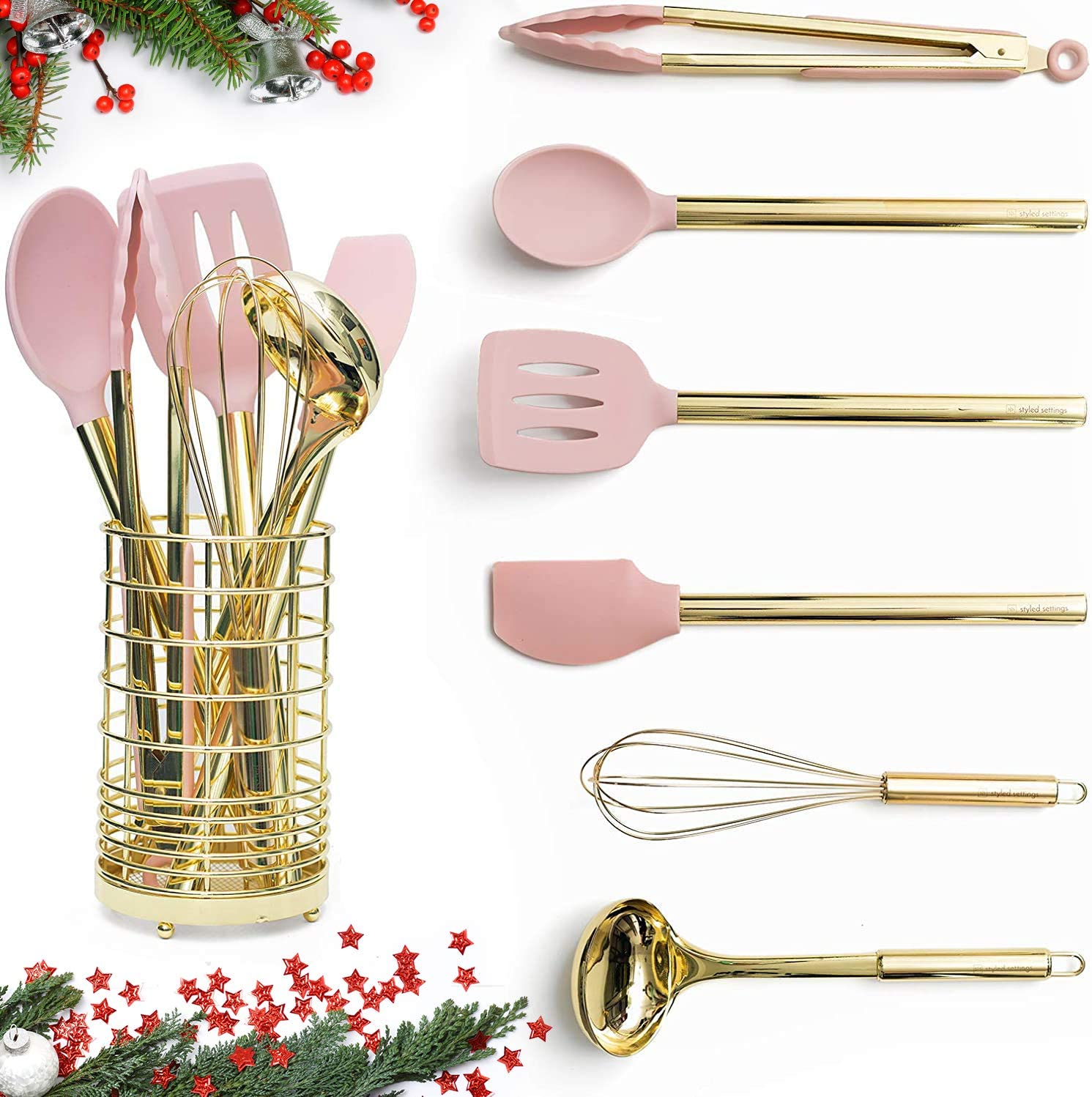 Gold & Pink Kitchen Utensil Set with Holder | Kitchen Stocking Stuffers | Amazon Stocking Stuffers | Stocking stuffers For Adults | stocking stuffers for men | mens stocking stuffers | Stocking stuffers for her | Stocking stuffers for guys | Cheap stocking stuffers | Best stocking stuffers | Stocking stuffers for wife | stocking stuffer gifts | Best stocking stuffers