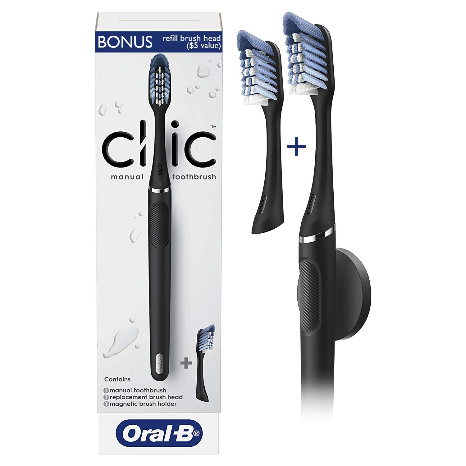 Oral-B Clic Manual Toothbrush with Bonus Replacement Brush Heads and Magnetic Toothbrush Holder | Stocking Stuffers For Adults | 