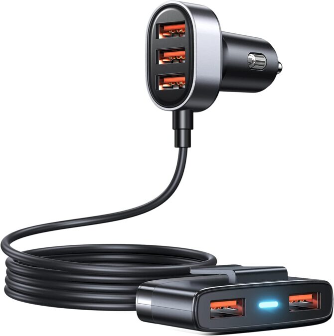 5 Multi USB Car Charger Adapter for Multiple Devices, 5 Ft Cable