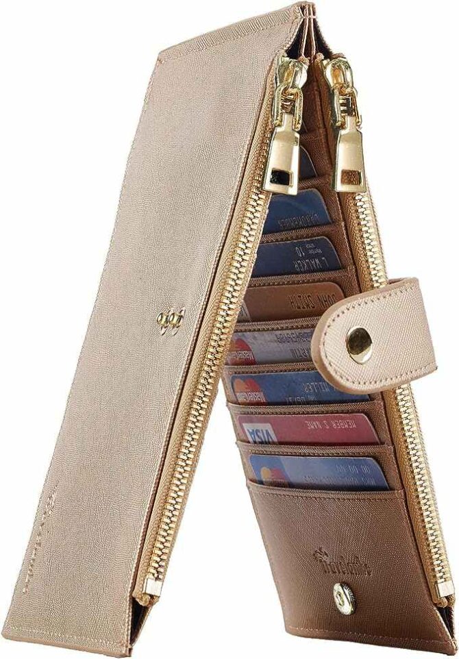 Travelambo Womens Wallet RFID Blocking Bifold Multi Card Case Wallet with Zipper Pocket Beige Gold Champagne