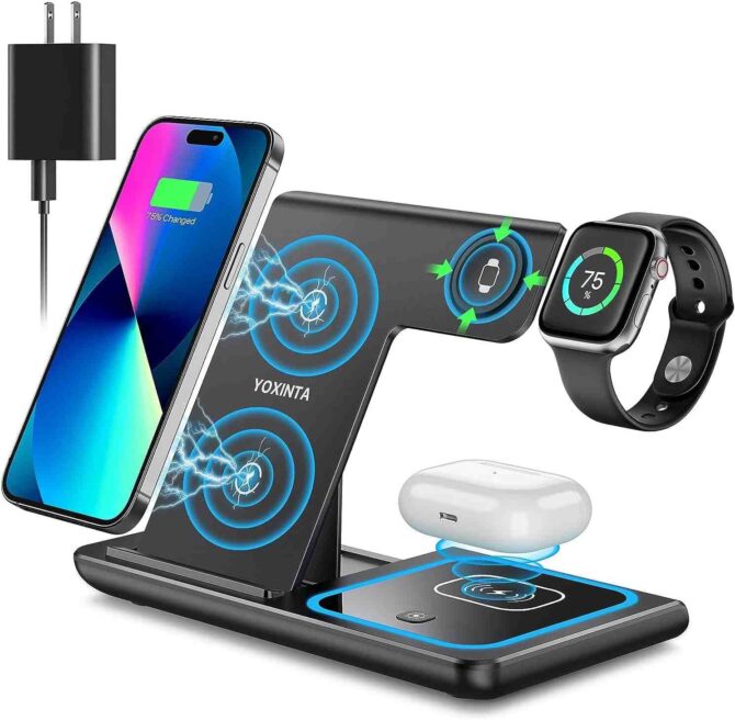 Wireless Charger, 3 in 1 Wireless Charging Station, Fast Wireless Charger Stand for iPhone, Apple Watch, Air Pods, Android Phones, Samsung Buds, Galaxy Watch