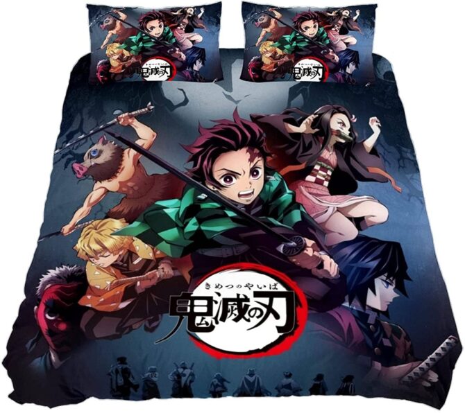 Demon Slayer Kimetsu no Yaiba Bedding Queen Size Bed Set 3pcs Bedroom Duvet Cover Set for Teens Boys Girls 1 Quilt Cover + 2 Pillowcases No Comforter