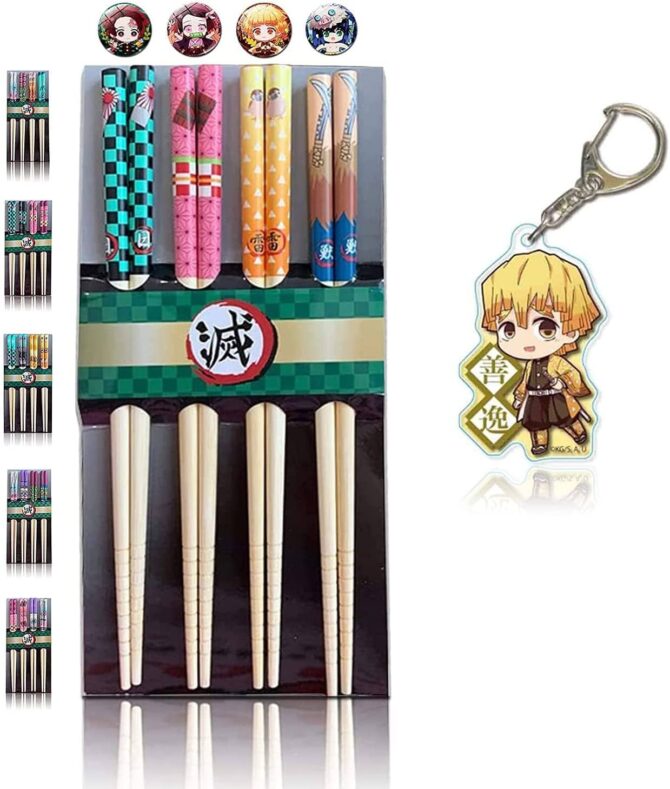 Demon Slayer Kimetsu no Yaiba Reusable Bamboo Chopstick Set of 4 with a keychain Tanjiro Nezuko Inosuke Zenitsu