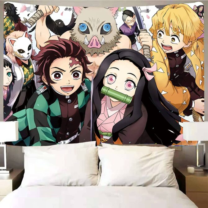 Demon Slayer Kimetsu no Yaiba Tapestry For Bedroom Tanjiro Nezuko Inosuke Zenitsu Giyu Shinobu