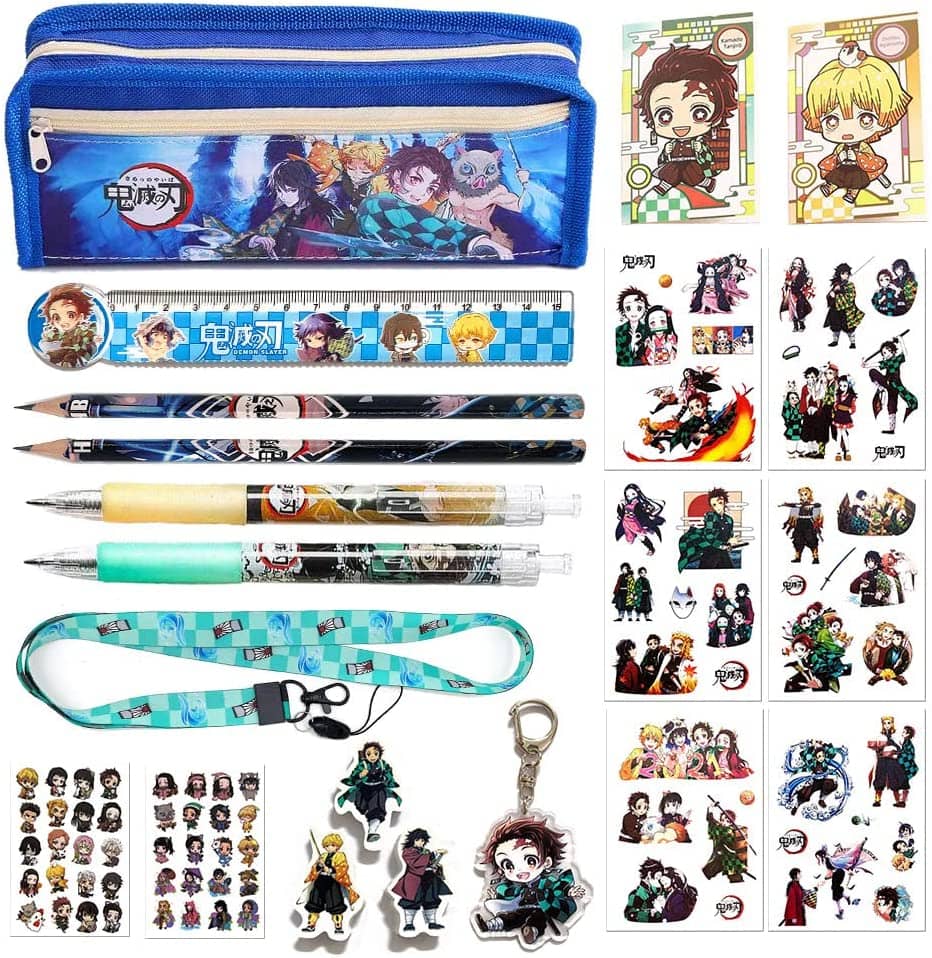 Demon Slayer Kimetsu no Yaiba School Supplies Pencil Case Lanyard Keychain Mini Notebook Tattoo Sticker, Hand Account Sticker Eraser Rollerball Pen Pencil Ruler