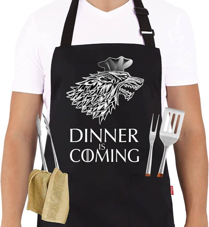 Game of Thrones Kitchen Apron Dinner Is Coming House Stark Sigil Grey Direwolf