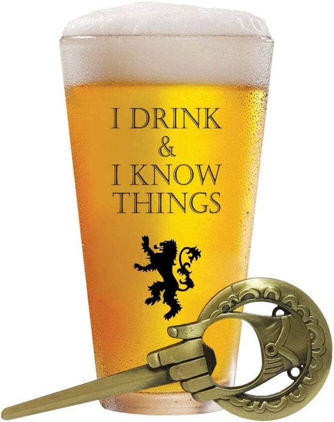 I Drink and I Know Things 17 oz Beer Glass + Hand Of The King Bottle Opener