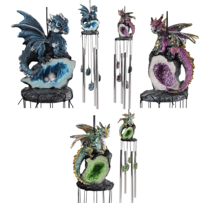 Dragon Guarding Crystal Geode Rock Wind chimes