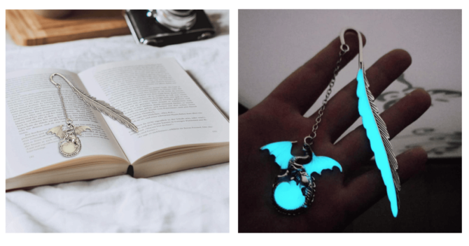 Glow in The Dark Dragon Feather Bookmark Silver Metal