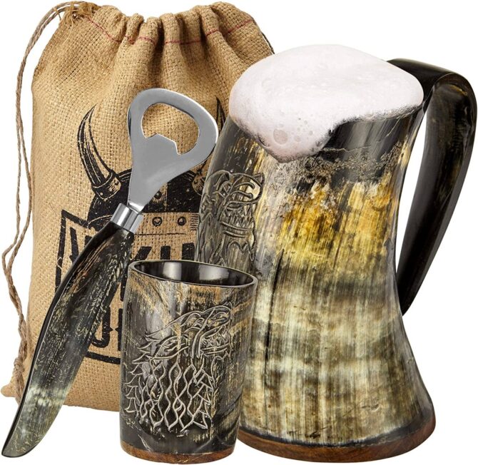 Viking Culture Ox Horn Mug, Shot Glass, and Bottle Opener - Direwolf_Fenrir Beer Tankard Vintage Stein with Handle