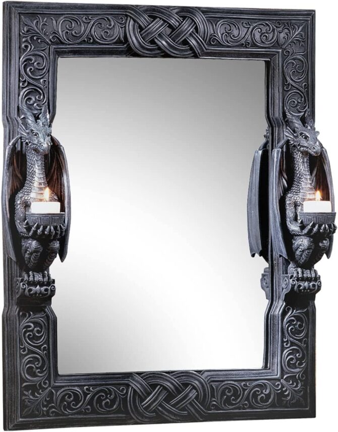 Design Toscano CL2429 Thorne Twin Sentinal Dragons Gothic Decor Wall Mirror Sculpture with Candle Holders
