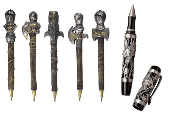 Knights of the Realm Battle Armor Pen and Twin Dragons Sculptural Pewter Pen by Design Toscano