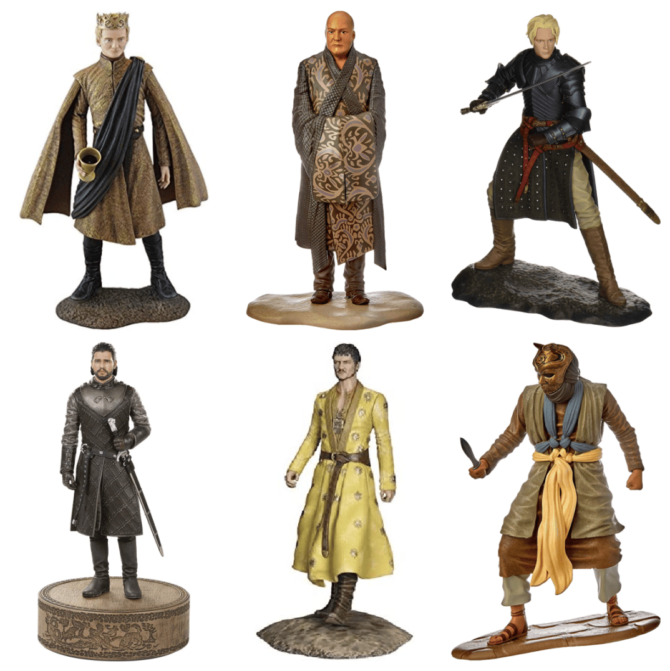 Game of Thrones Action Figures by Dark Horse Deluxe Top Row - Left to Right (Joffrey Baratheon - Lord Varys - Brienne of Tarth), Bottom Row - Left to Right (Jon Snow, Oberyn Martell, Son of the Harpy)