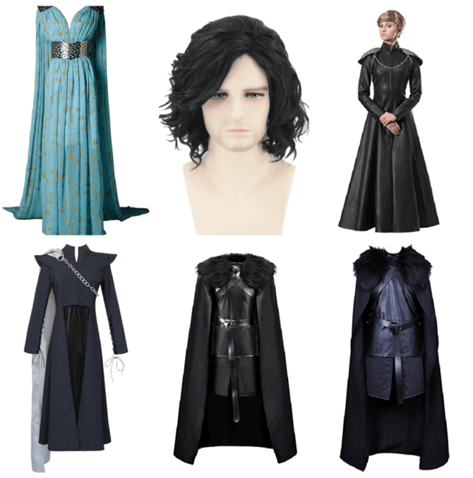 Game of Thrones Cosplay Costumes - Daenerys Qarth Silk Blue Dress - Jon Snow's Wig Hair - Cersei Lannister's Black Dress - Daenerys Black Chain Dress with Cape - Jon Snow's Night's Watch Cloak - Version 3 and 4