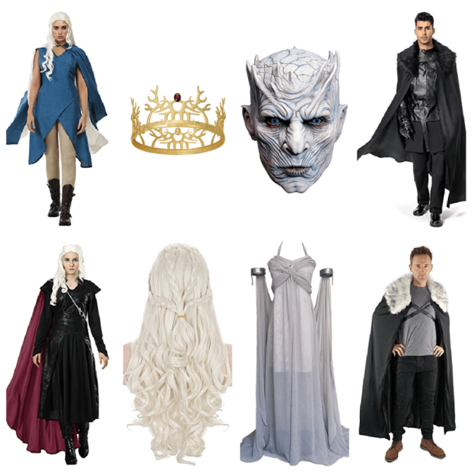 Game of Thrones Cosplay Costumes - Mother of Dragons - Daenerys Targaryen - Khaleesi - Platinum Blonde Wig Hair - Gold Crown - Jon Snow - White Walker Night King Mask