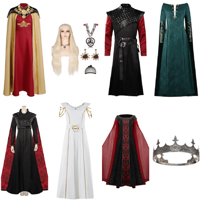 House of the Dragon Cosplay Costumes Rhaenyra Targaryen Red and Gold Dress - Rhaenyra's Wig - Daemon Targaryen Carnival Suit - Alicent Hightower Green Dress - Black Dress with Red Cape - White Dress - Crown