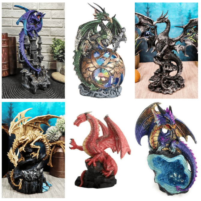 Dragon Display Figures - Midnight Dragon Protecting Stone Castle - Red Dragon - Gothic Dragon with Blue Orb - Skeleton Bone Dragon - Green Dragon - Blue and Purple Dragon on Crystal Geode
