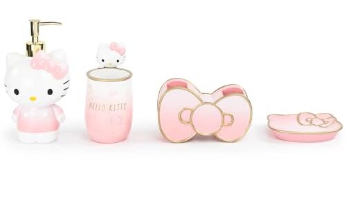 Jay Franco Hello Kitty Bathroom Organizer Set Decor Resin Tumbler, Soap Dispenser, Soap Dish and Toothbrush Holder