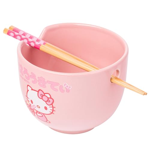 Silver Buffalo Sanrio Hello Kitty Strawberry Milk Japanese Character Ceramic Ramen Noodle Rice Bowl with Chopstick
