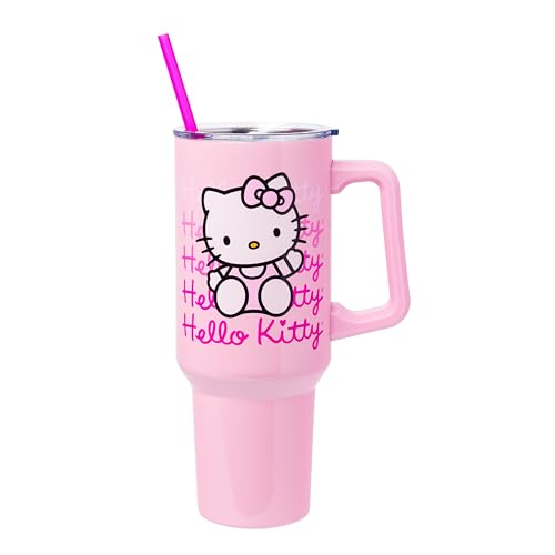 Silver Buffalo Sanrio Hello Kitty Waving Stainless Steel Tumbler with Handle and Straw