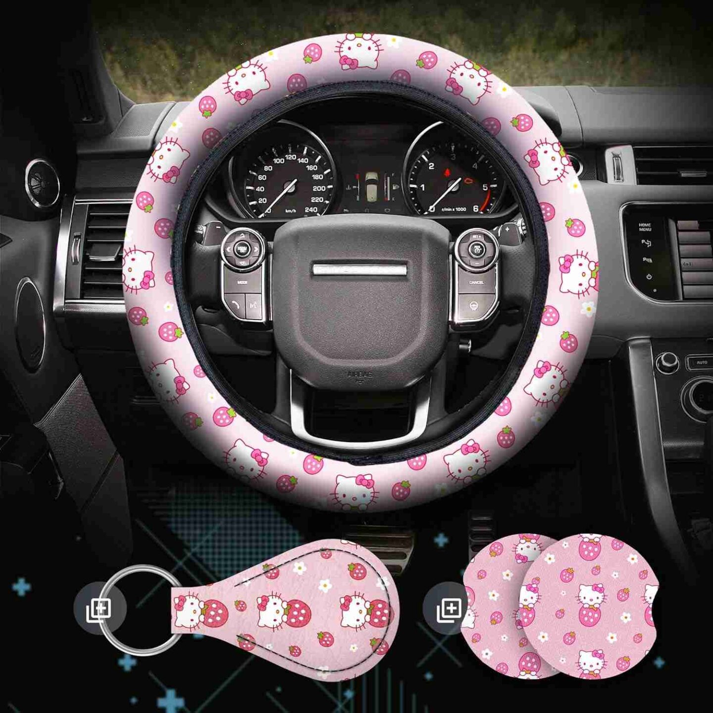 Hello Kitty Car Accessories - Wheel Cover, Cup Holder Mats, Keychain