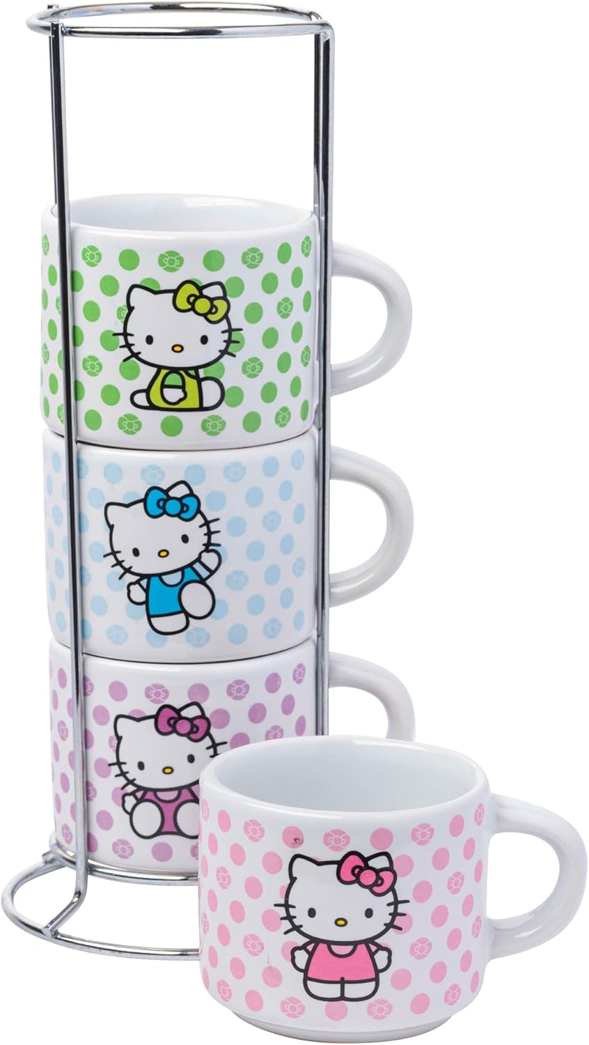 Silver Buffalo Sanrio Hello Kitty Polka Dots 4pc Stackable Ceramic Espresso Small Cup Set, 3 Ounces