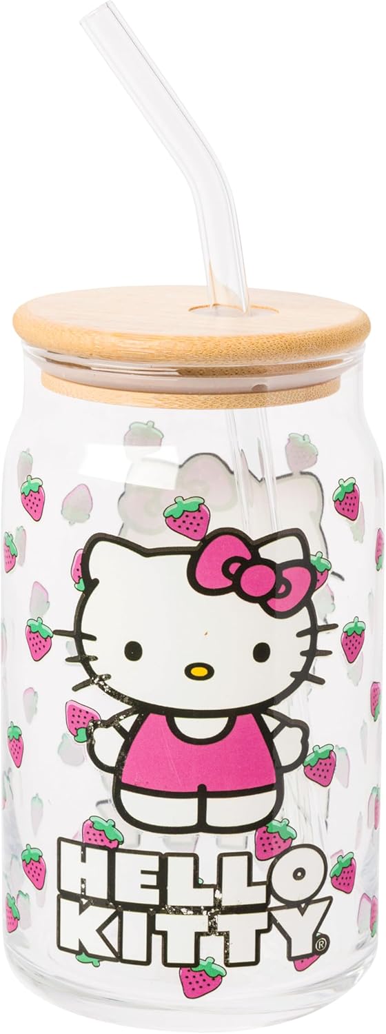 Silver Buffalo Sanrio Hello Kitty Strawberry Glass Jar Tumbler with Bamboo Lid and Glass Straw
