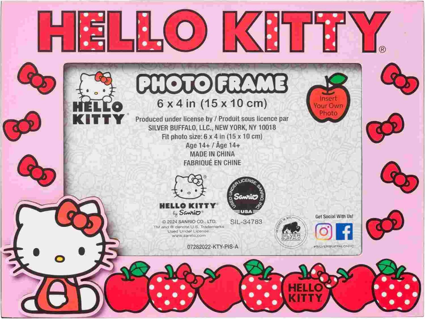 Silver Buffalo Sanrio Hello Kitty Apples and Bows Photo Picture Frame, Pink, 4 x 6 Inches