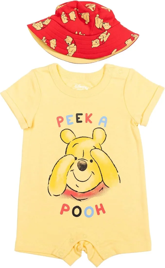 Winnie The Pooh Baby Romper and Reversible Bucket Sun Hat