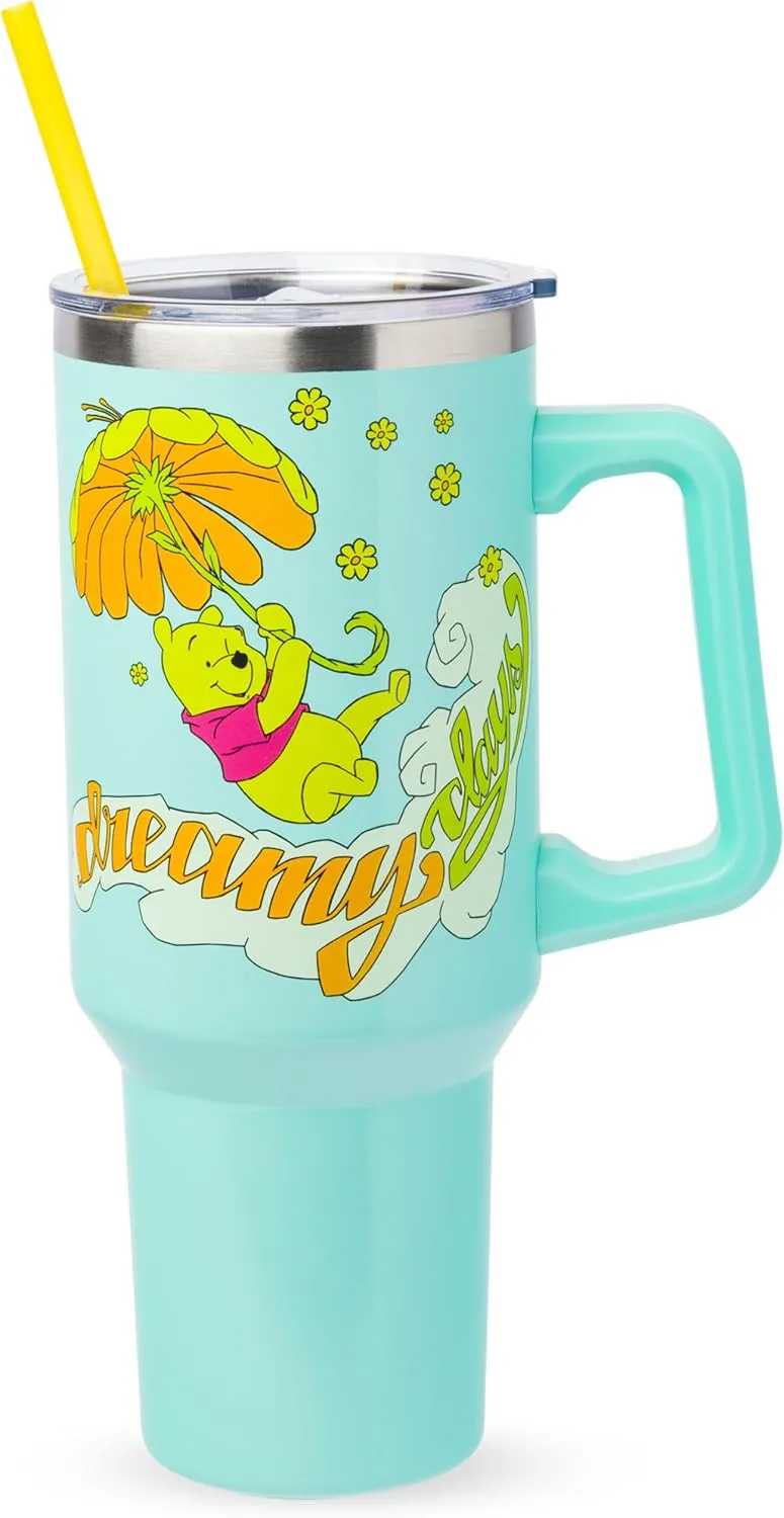 Winnie the Pooh “Dreamy Days” Retro Art Double Walled Stainless Steel Tumbler with Handle and Straw
