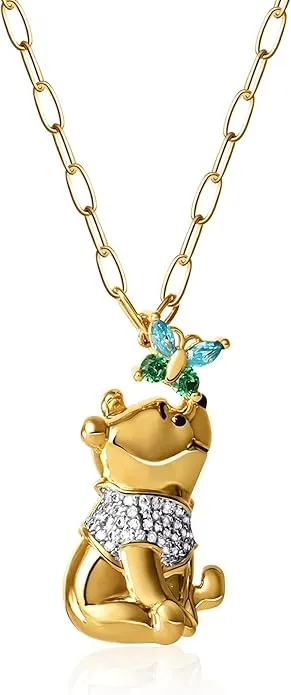 Winnie the Pooh and Butterfly Pendant Necklace Paper Clip Chain 18-Inch Brass