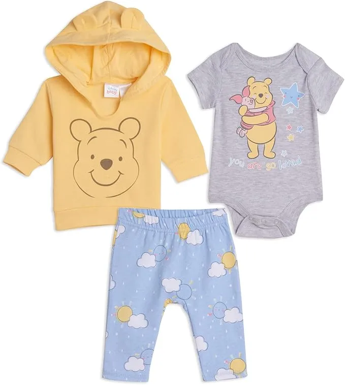 Winnie the Pooh Baby Hoodie, Bodysuit, and Pants 3 Piece Outfit Set newborn to 24 months
