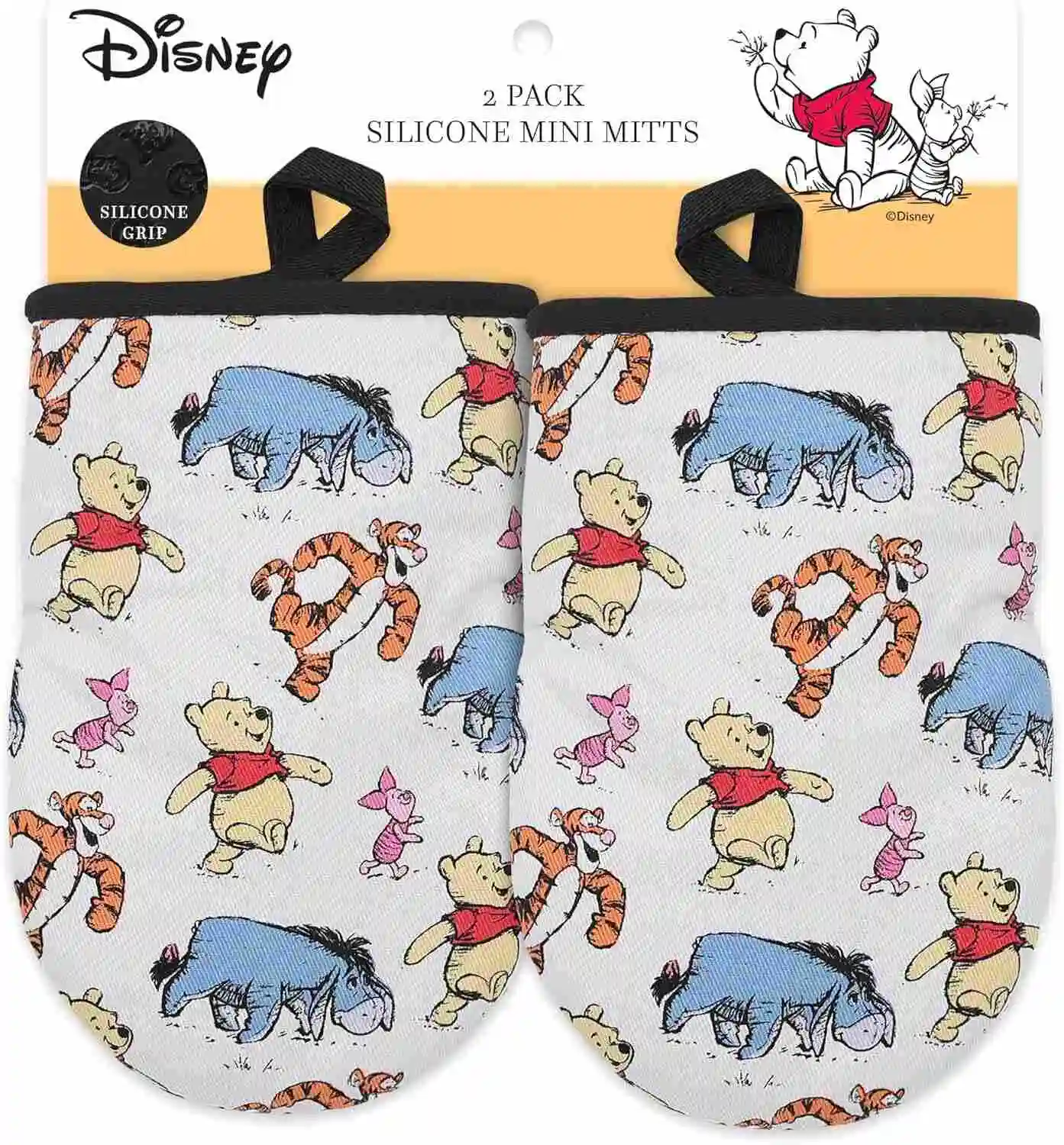Winnie The Pooh Oven Mitts - Heat-Resistant with Non-Slip Printed Silicone - 5.5” x 7.5”