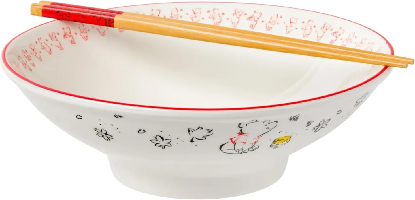 Silver Buffalo Disney Winnie the Pooh Watercolor Kawaii Cute Pooh and Hunny Ceramic Ramen Noodle Rice Bowl with Chopsticks
